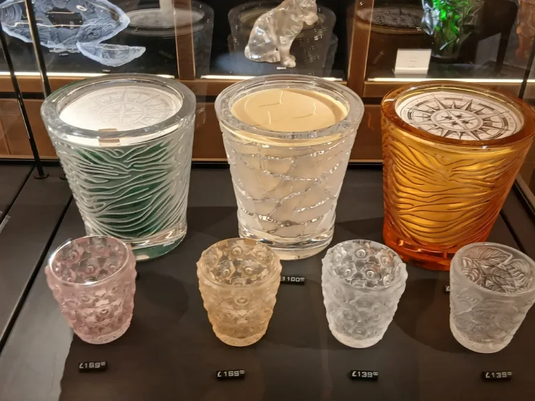 Lalique collection display featuring the most expensive candles in London with a £2190 price tag at Harrods.