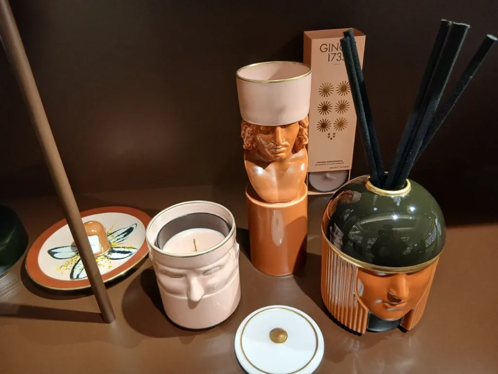 Ginori 1735 porcelain vessels, some of the most expensive candles in London, on display at Harrods.