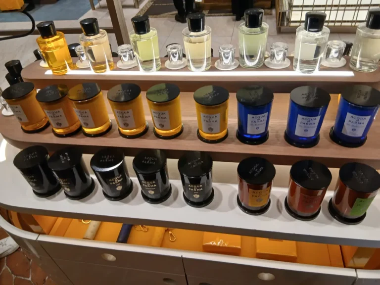 cqua di Parma yellow candle collection on display at Harrods London.