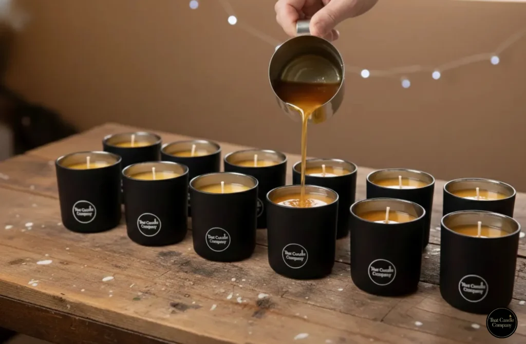 A batch of Luxury Hand Poured Scented Candles by That Candle Company being crafted on a rustic wooden bench with warm wax.
