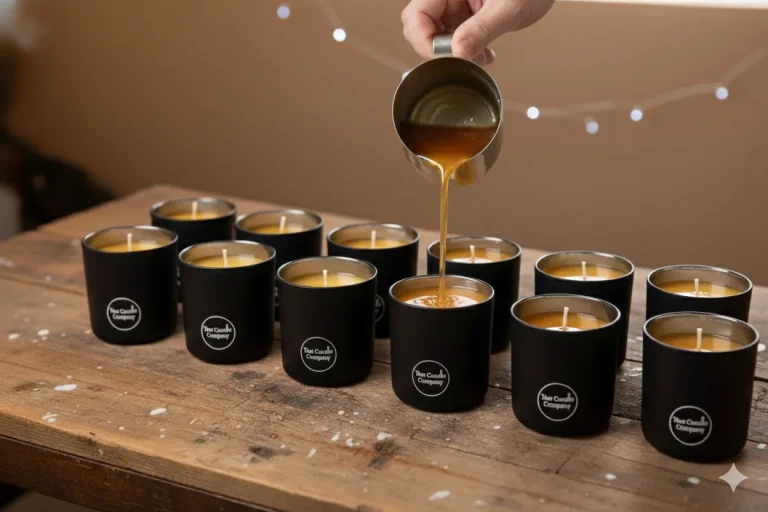 A batch of Luxury Hand Poured Scented Candles by That Candle Company being crafted on a rustic wooden bench with warm wax.
