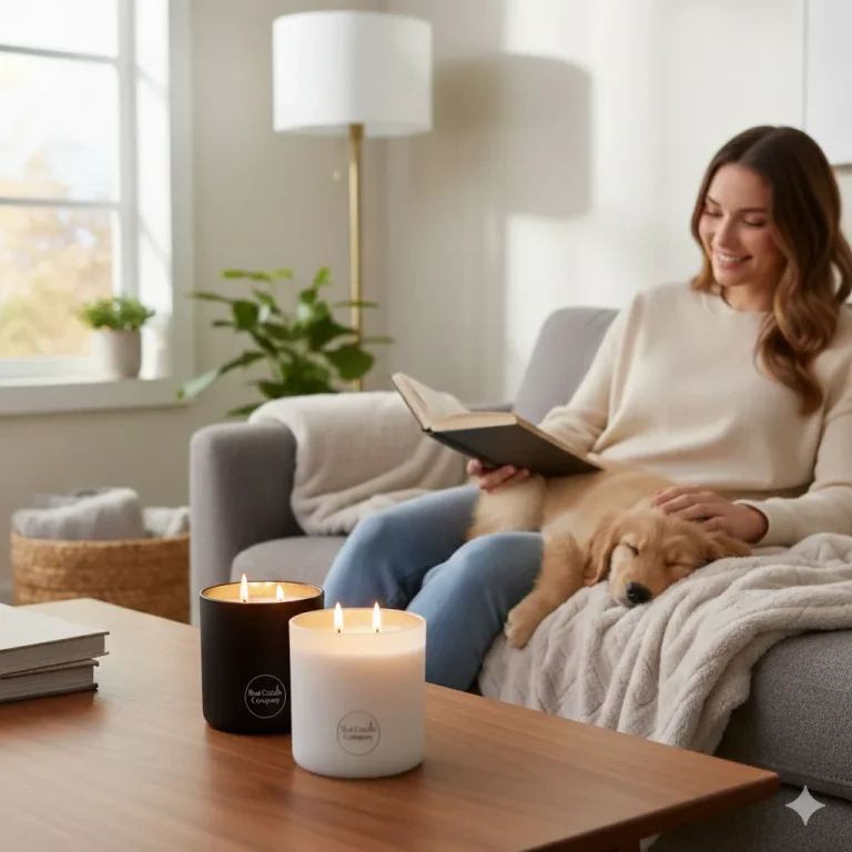 High-end pet friendly luxury candles in minimal black and white glass jars for a modern home.