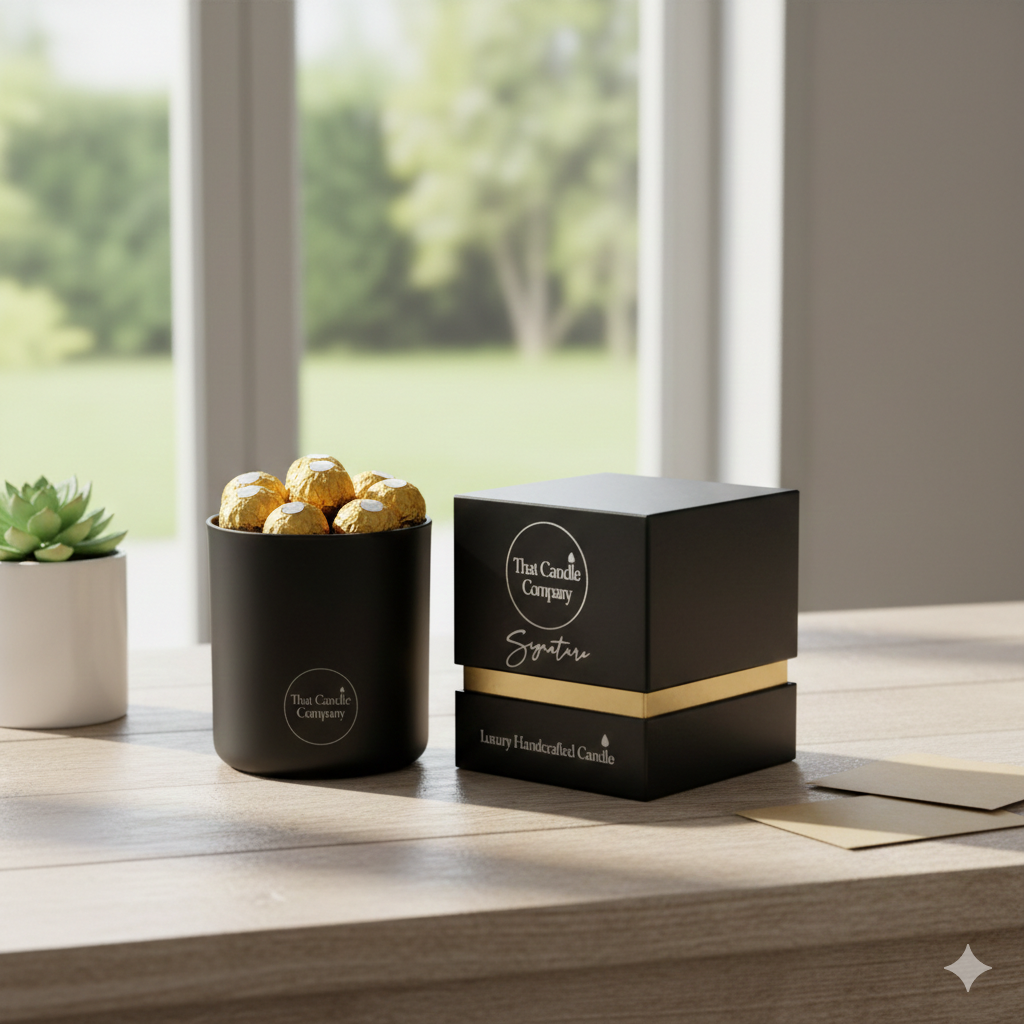 Repurposing luxury candle jars as a gourmet gift box filled with chocolates in a bright, modern home setting.
