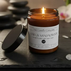 Spa Luxury Scented Candle With an open lid and a flame. Relaxation Candles.