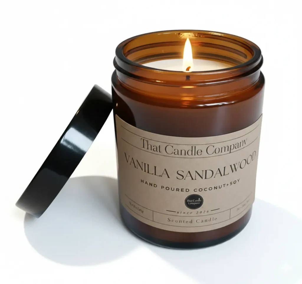 That Candle Company Luxury Scented Candle Vanilla and Sandalwood. Open Jar