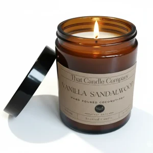 That Candle Company Luxury Scented Candle Vanilla and Sandalwood. Open Jar