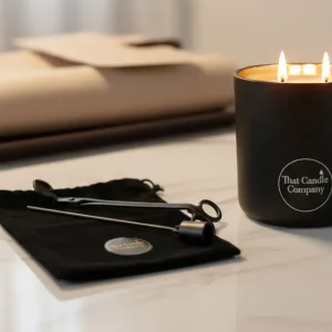 That Candle Company luxury Candle Care Set featuring a matte black wick trimmer and snuffer resting on a black velvet bag next to a glowing double-wick.