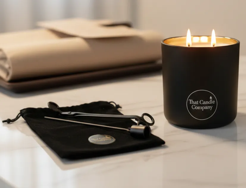 That Candle Company luxury Candle Care Set featuring a matte black wick trimmer and snuffer resting on a black velvet bag next to a glowing double-wick.
