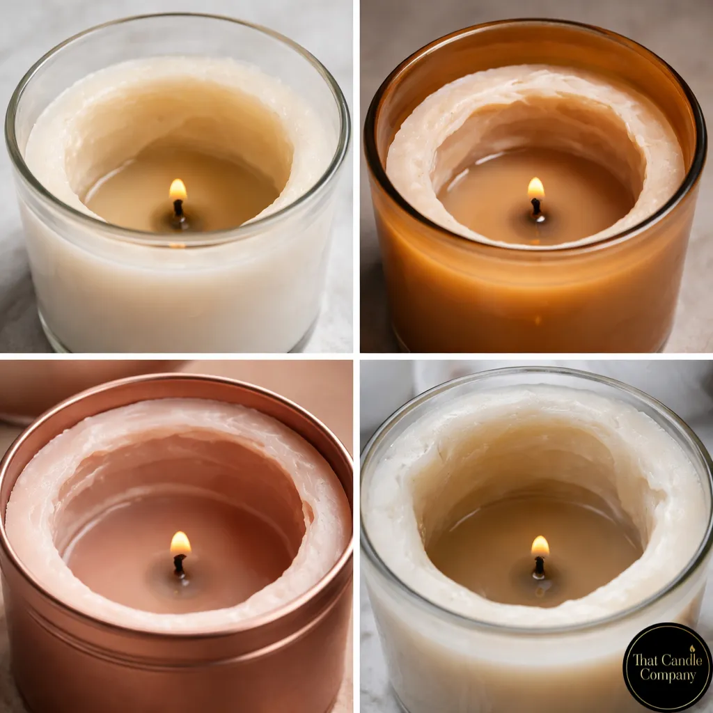A four-panel grid showing various lit candles with visible tunnelling. Top-left a clear glass jar; top-right an amber glass jar; bottom-left a copper-toned tin; bottom-right a clear glass jar.