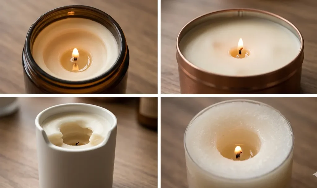 A four-panel photo grid displaying clear examples of candle tunneling, with each lit wick burning a deep, central hole down the middle of the wax and leaving high, solid walls of un-melted, wa