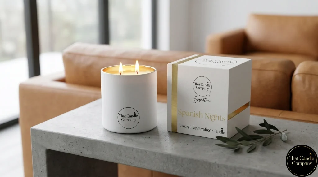 A lit Spanish Nights coconut and soy wax candle in a white jar next to its beautifully gift-boxed packaging, displayed on a modern concrete console table.