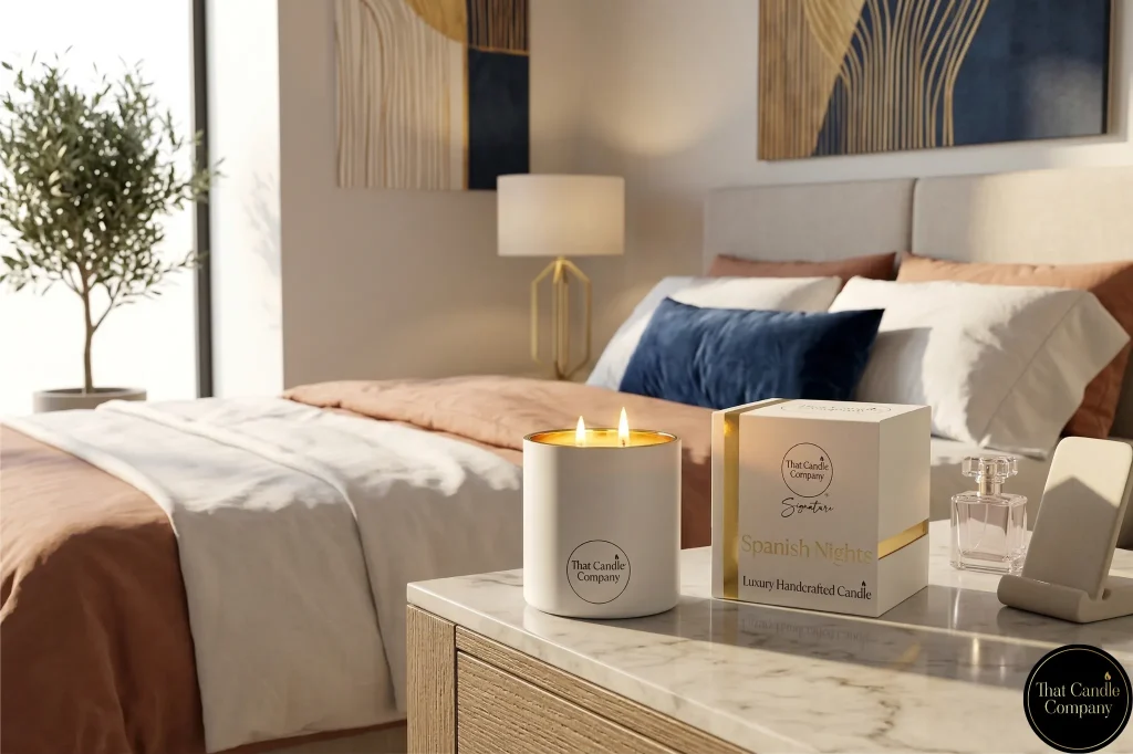 A lit Spanish Nights non-toxic luxury candle and white gold gift box on a marble bedside table in a modern bedroom.