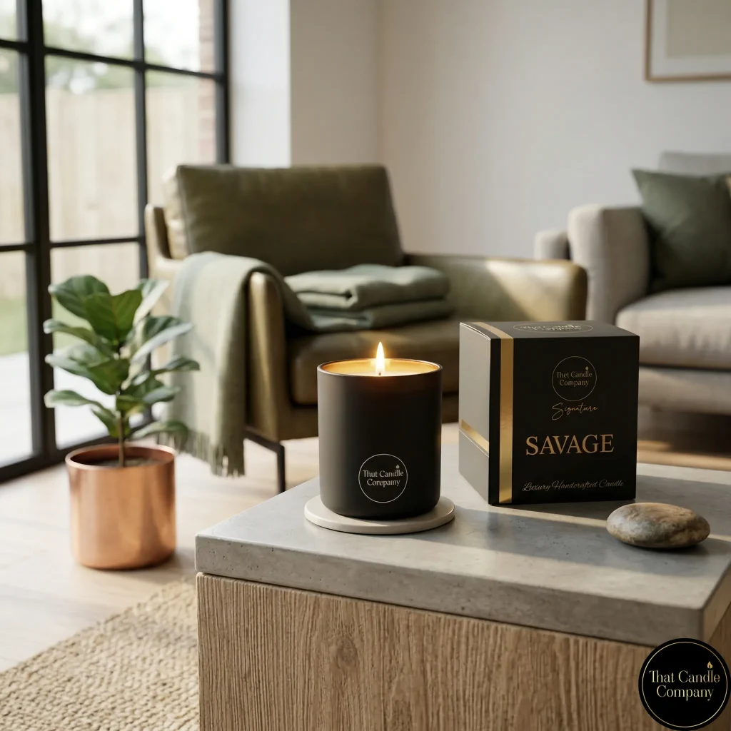 A lit non-toxic luxury candle in a matte black jar alongside its signature SAVAGE gift box, displayed on a modern concrete and oak side table in a bright, contemporary living room.