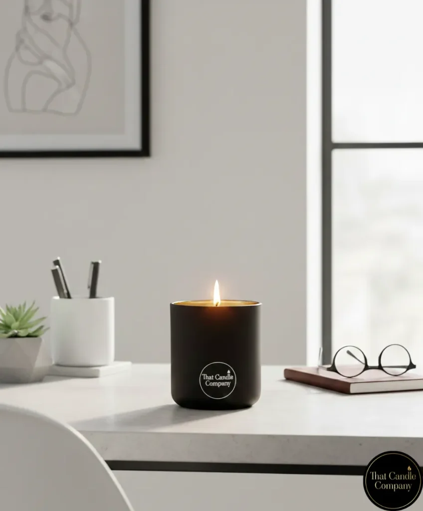 A lit luxury coconut and soy candle from That Candle Company in a minimalist home office, perfect for those who want to buy candles online.