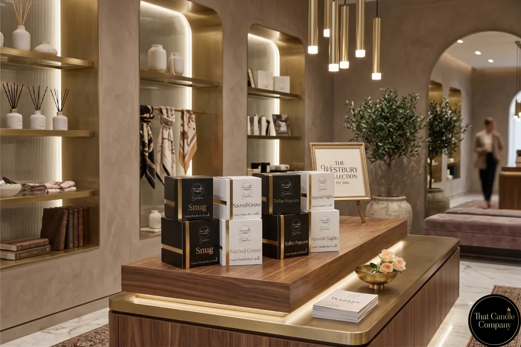 A premium display of hand-poured non-toxic luxury candles and gift boxes, including Snug and Sacred Grove, on a walnut table inside an elegant boutique.
