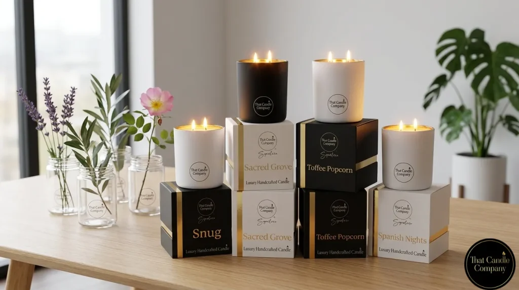 A stack of lit That Candle Company luxury gift boxes, featuring Snug, Sacred Grove, Toffee Popcorn, and Spanish Nights, displayed on a wooden table to highlight plastic-free packaging.
