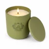 Close-up of the matte olive green ceramic jar and lid of the BOTANIC EMBER candle, highlighting the premium finish.