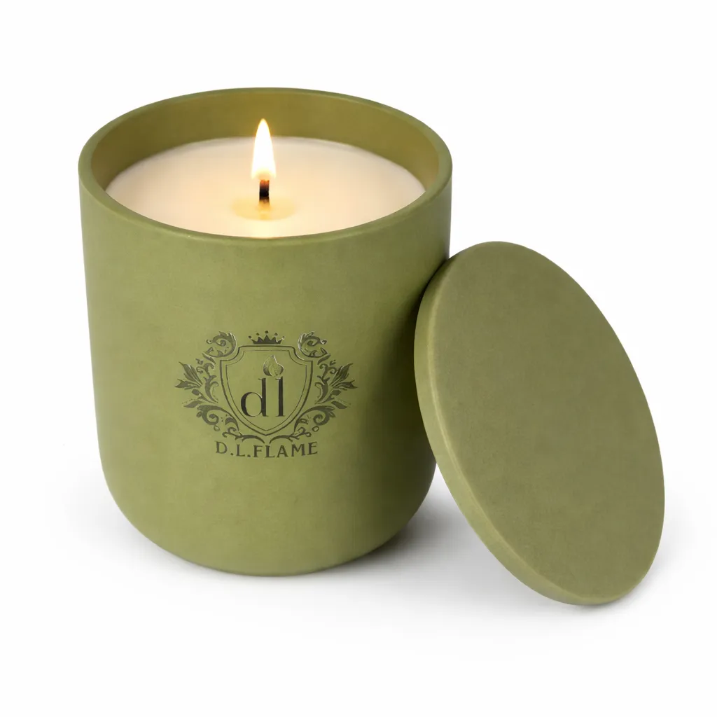 Close-up of the matte olive green ceramic jar and lid of the BOTANIC EMBER candle, highlighting the premium finish.