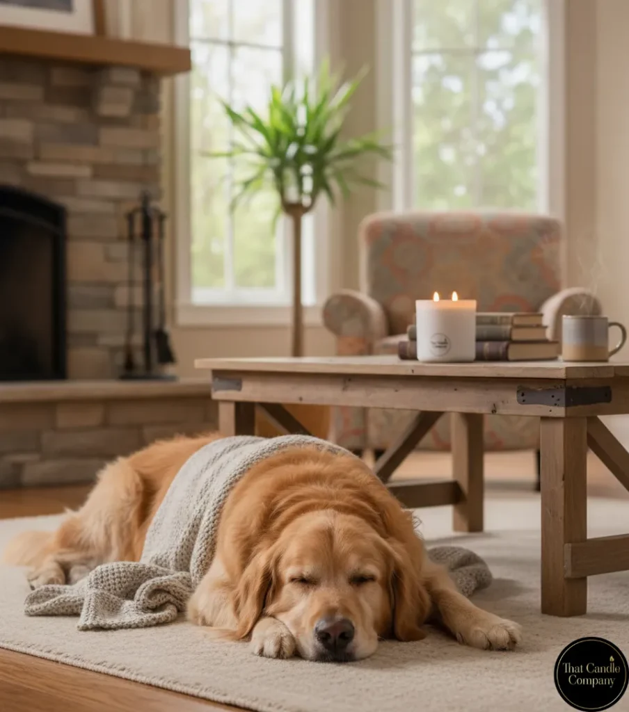 Dog relaxing in living room with clean-burning coconut soy candle by That Candle Company.