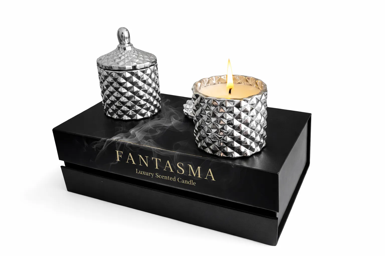 FANTASMA luxury scented candle gift set with two candles displayed on top of elegant black gift box