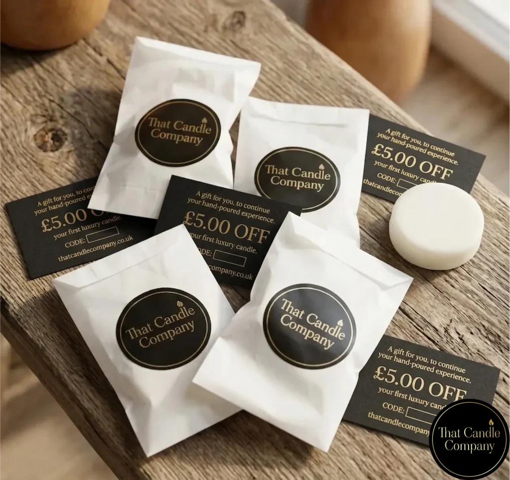 Four individually wrapped wax melt samples from That Candle Company and £5.00 off gift card vouchers, perfect for luxury eco gifts UK.