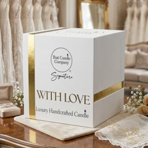 With Love luxury candle and gold-detailed gift box in a bridal boutique.