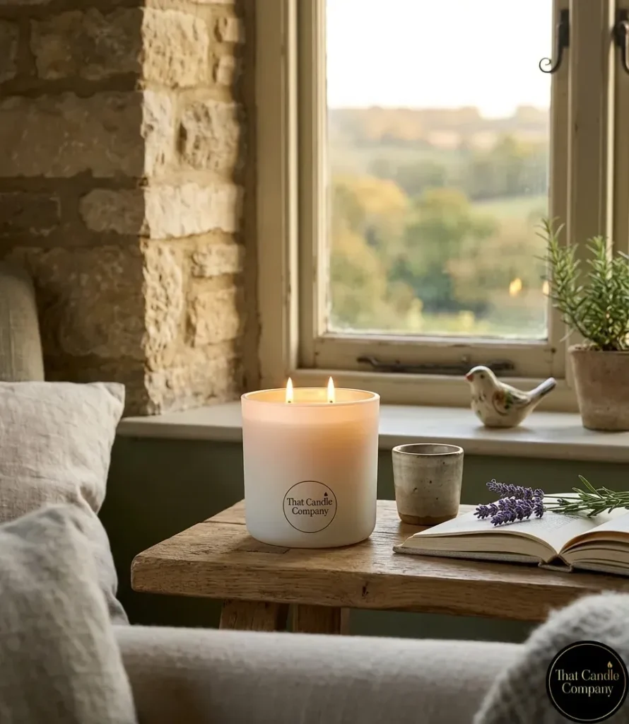 Hand-poured eco-friendly luxury candles by That Candle Company burning in a minimalist living room setting.