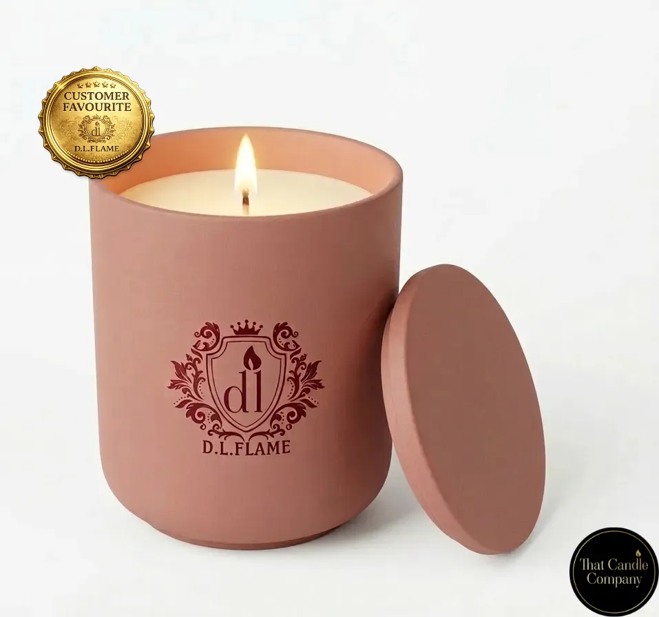 SPICED ROSE candle in a blush pink pastel ceramic jar with matching lid and gift box.