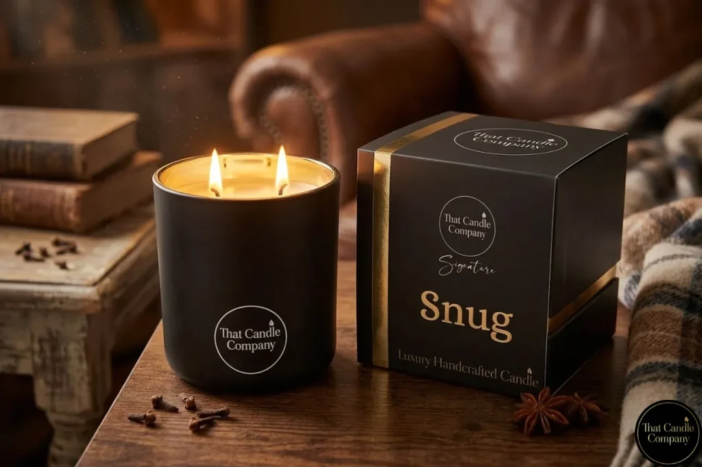 That Candle Company Snug luxury handcrafted candle in a matte black jar with two lit wicks, next to its matching black and gold gift box in a cosy, warm room setting.