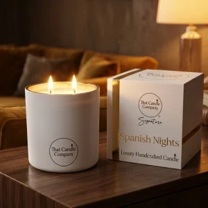 That Candle Company luxury scented candle with two lit wicks and a matching white gift box, That Candle Company luxury scented candle SPANISH NIGHTS Luxury candle featuring Spanish Nights premium fragrances.