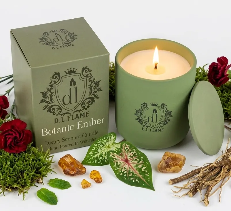 BOTANIC EMBER candle by That Candle Company in an olive green pastel ceramic jar with matching lid and gift box.