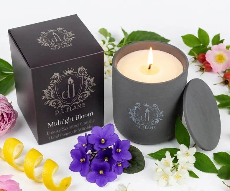 Close-up of the matte charcoal ceramic texture on a MIDNIGHT BLOOM candle jar from That Candle Company.