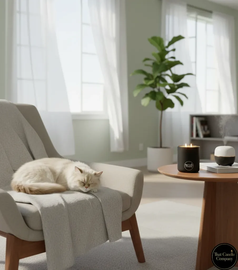 Cat in well-ventilated room with luxury scented candle by That Candle Company
