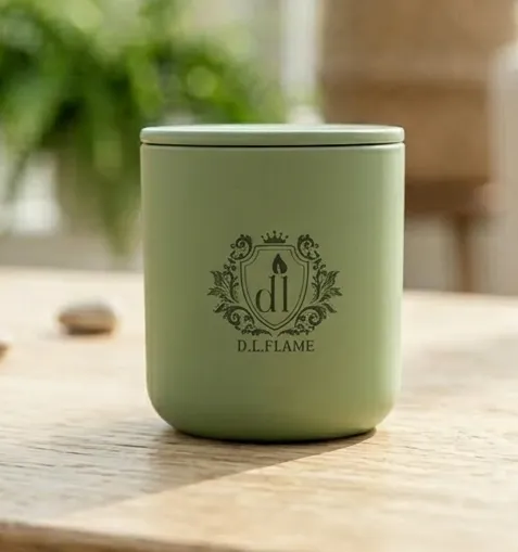 A luxury BOTANIC EMBER candle styled among indoor plants on a rustic wooden shelf for a botanical home look.
