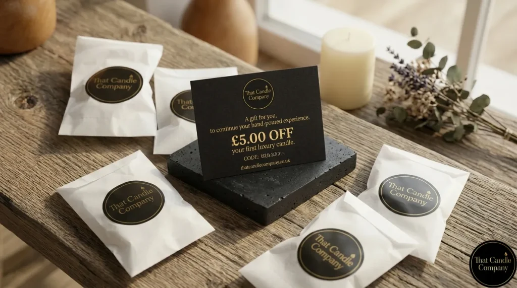 Scented wax melt samples in luxury white packaging with a black and gold £5 off gift card on a rustic wooden surface.