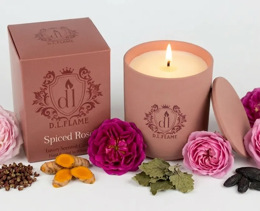 Luxury SPICED ROSE candle on a bathroom sink unit in a modern home décor.