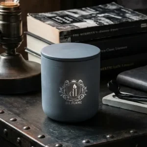 A luxury LAVENDER DRIFT candle styled on a wooden bedside table for a relaxing bedroom atmosphere.