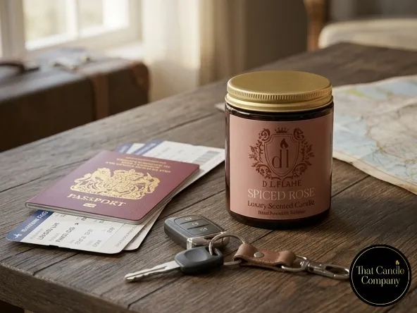 A Spiced Rose scented travel companion displayed with a UK passport and plane tickets on a rustic wooden table.