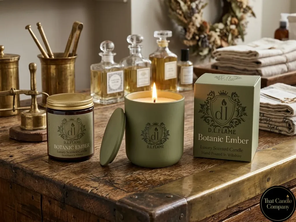 A lit Botanic Ember ceramic candle and its matching Amber Jar counterpart displayed on a rustic wooden workshop bench in a Wiltshire studio, surrounded by antique glass fragrance decanters and brass candle-making tools.