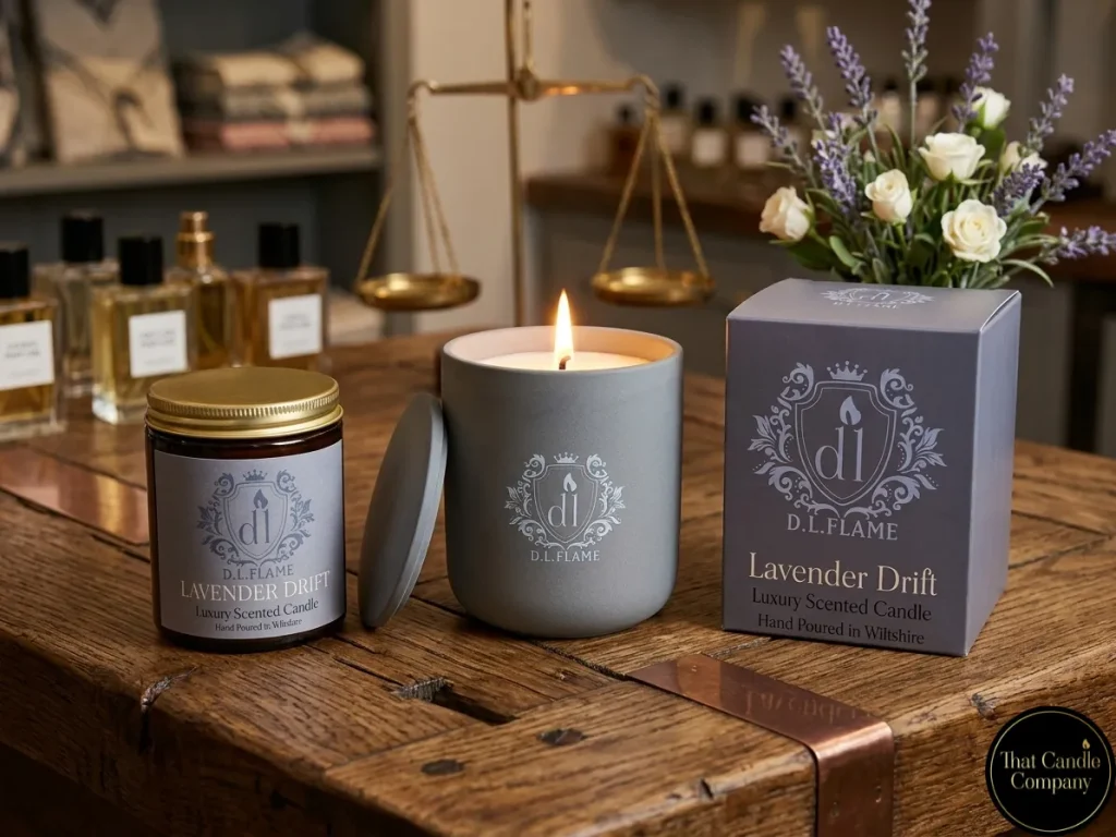 A lit Lavender Drift luxury scented candle in a grey ceramic jar, shown alongside its matching amber jar and gift box on a wooden workbench with apothecary scales and fresh lavender flowers.