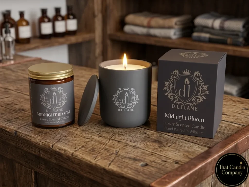 Charcoal ceramic candle and matching gift box with a lit flame, showcasing the D.L. FLAME Midnight Bloom luxury collection.