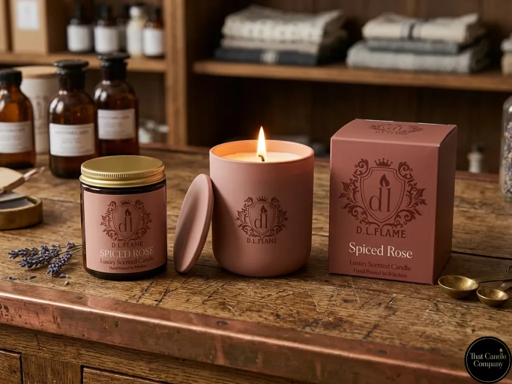 A lit Spiced Rose luxury scented candle in a blush pink ceramic jar, displayed next to its amber jar version and matching pink gift box on a rustic wooden studio bench with brass candle-making tools.