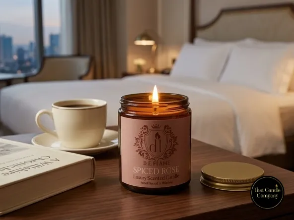 A lit luxury travel candle in a Spiced Rose scent on a hotel bedside table next to a morning coffee and a book.