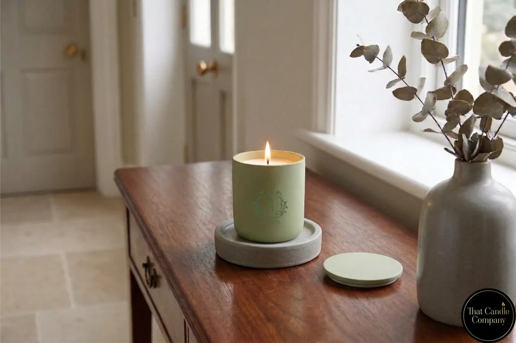 Botanic Ember luxury candle by That Candle Company on a stone stand in a bright hallway entrance to illustrate fragrance zoning for home hosting.