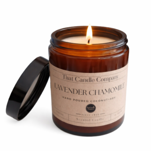 Lavender Chamomile Spa Scented Candle with lid off. Luxury Lavender Chamomile Spa Scented Candle with lid off.