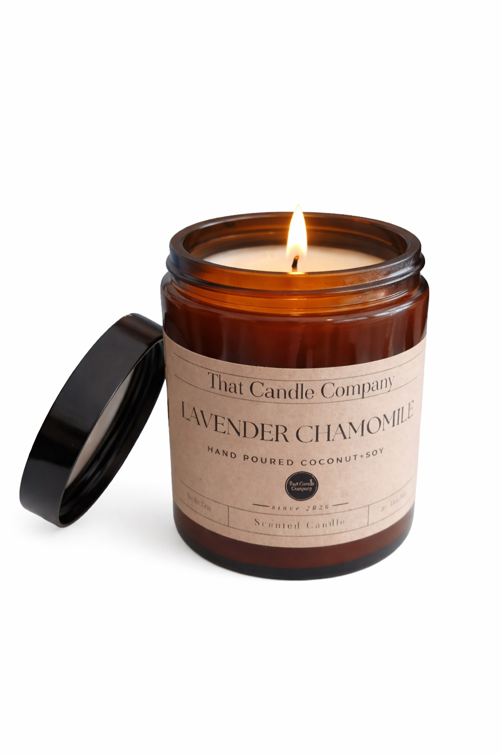 Luxury Lavender Chamomile Spa Scented Candle with lid off.