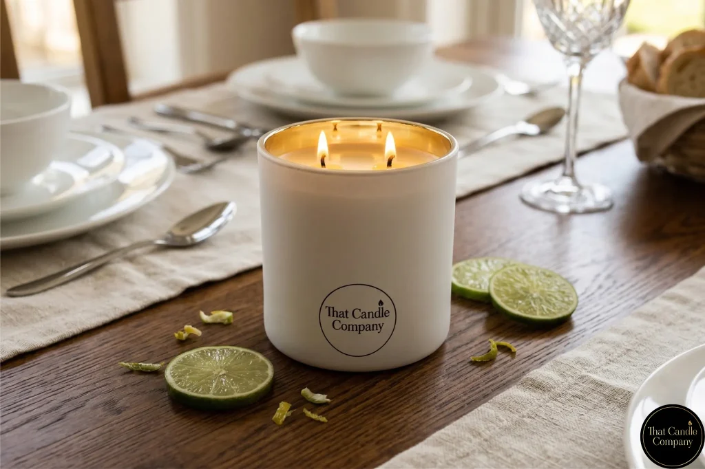 Sacred Grove large double wick luxury table candles as a centrepiece on an oak dining table with linen and fresh lime slices for a dinner party.