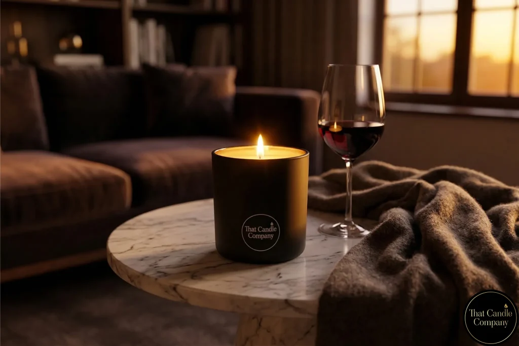 Salted Caramel and Cashmere Vanilla luxury candle lit on a marble table in a cosy living room with a wine glass and cashmere throw.