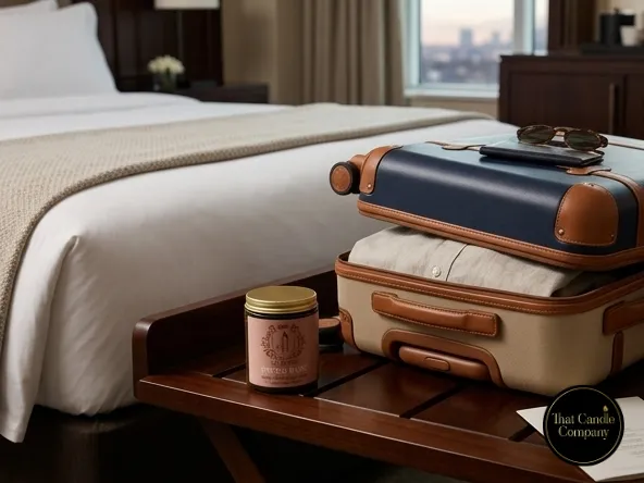 Spiced Rose amber jar candle sitting next to an open luxury suitcase on a wooden luggage rack in a boutique hotel room.
