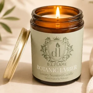 Botanic Ember amber jar with gold lid. Luxury scented candle that has a flame.